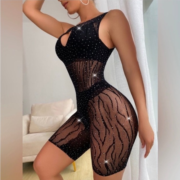 BLACK MESH RHINESTONE BODYSTOCKING BODYSUIT ROMPER LINGERIE - Picture 6 of 8